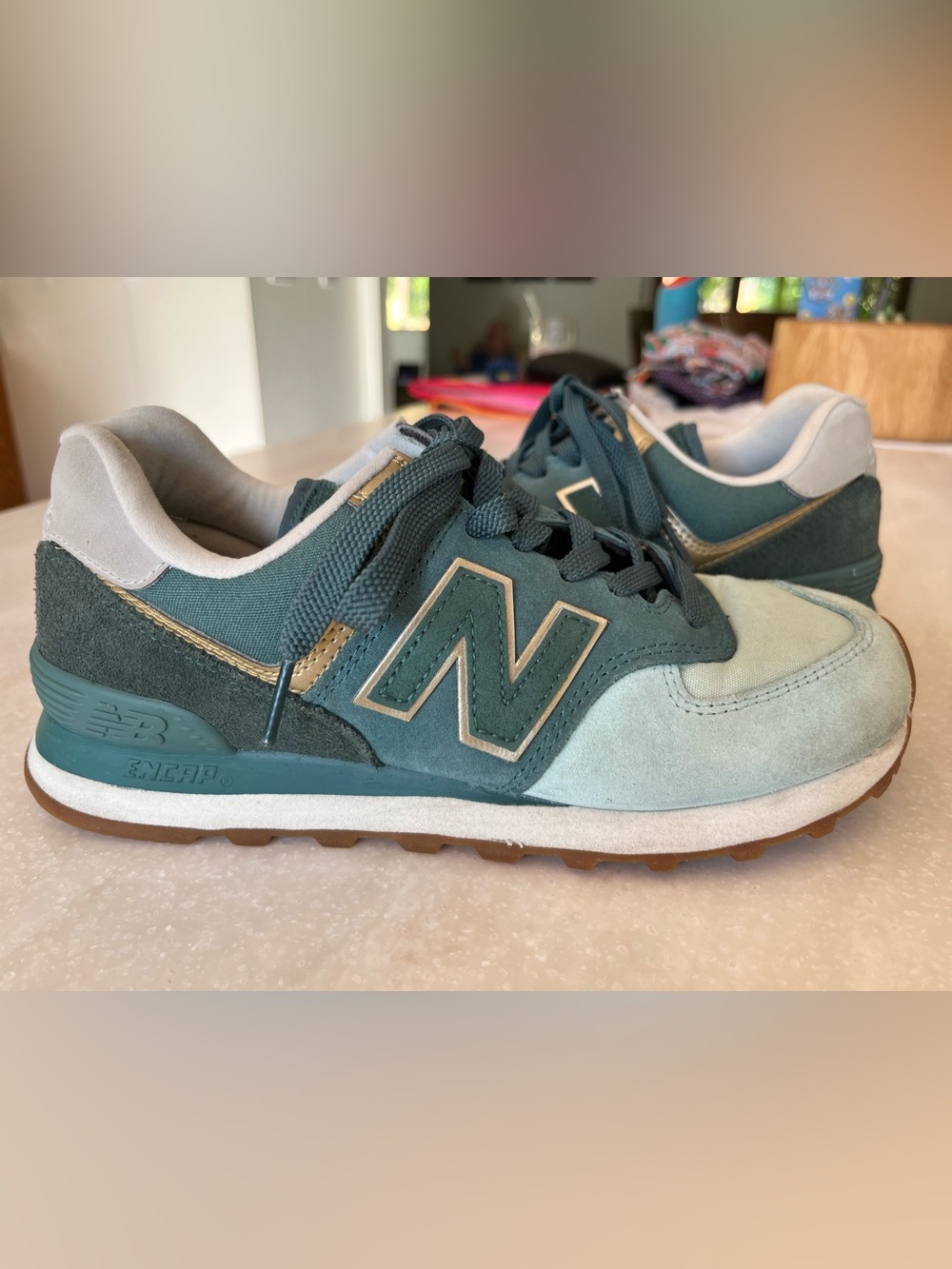 New Balance Teal, Green, and Gold Suede Sneakers